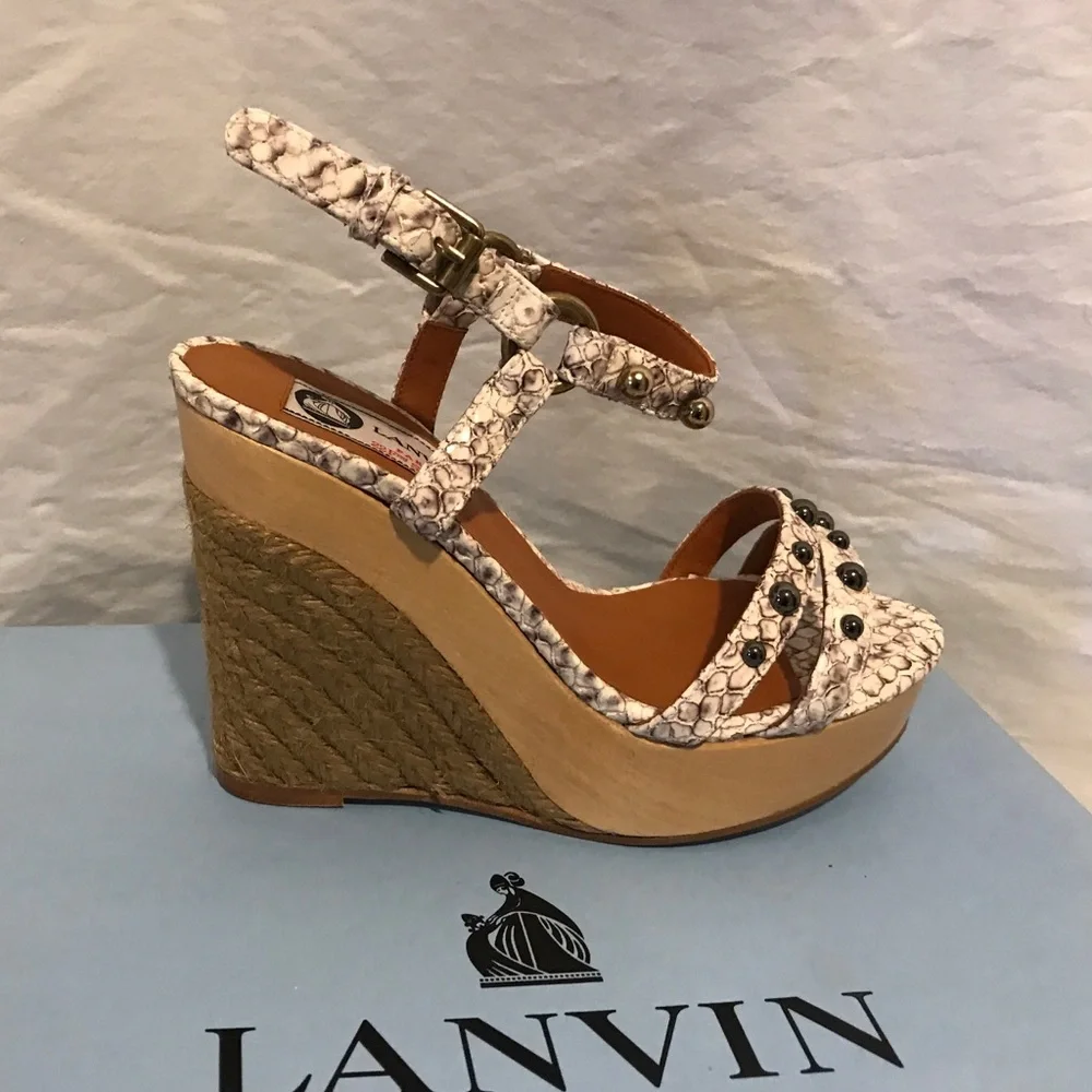 Lanvin Beige Snake-Print Espadrille Wedge Sandals with Black Studs